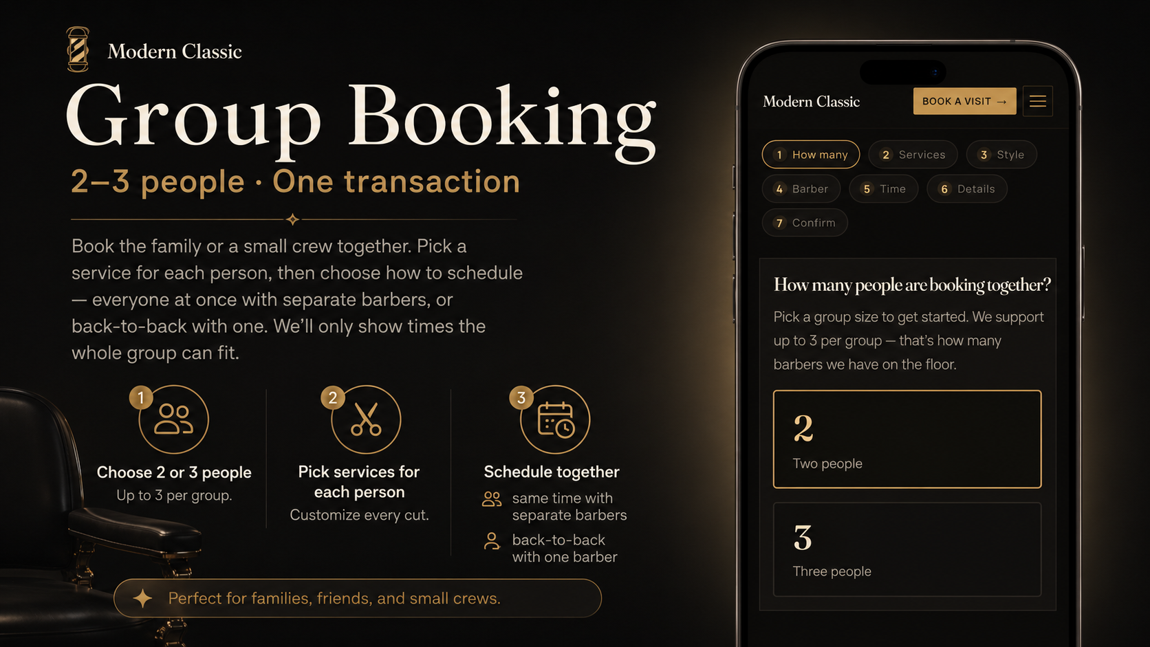 Group Booking diagram showing 2–3 people booked together in one transaction with separate services and back-to-back scheduling on one barber.