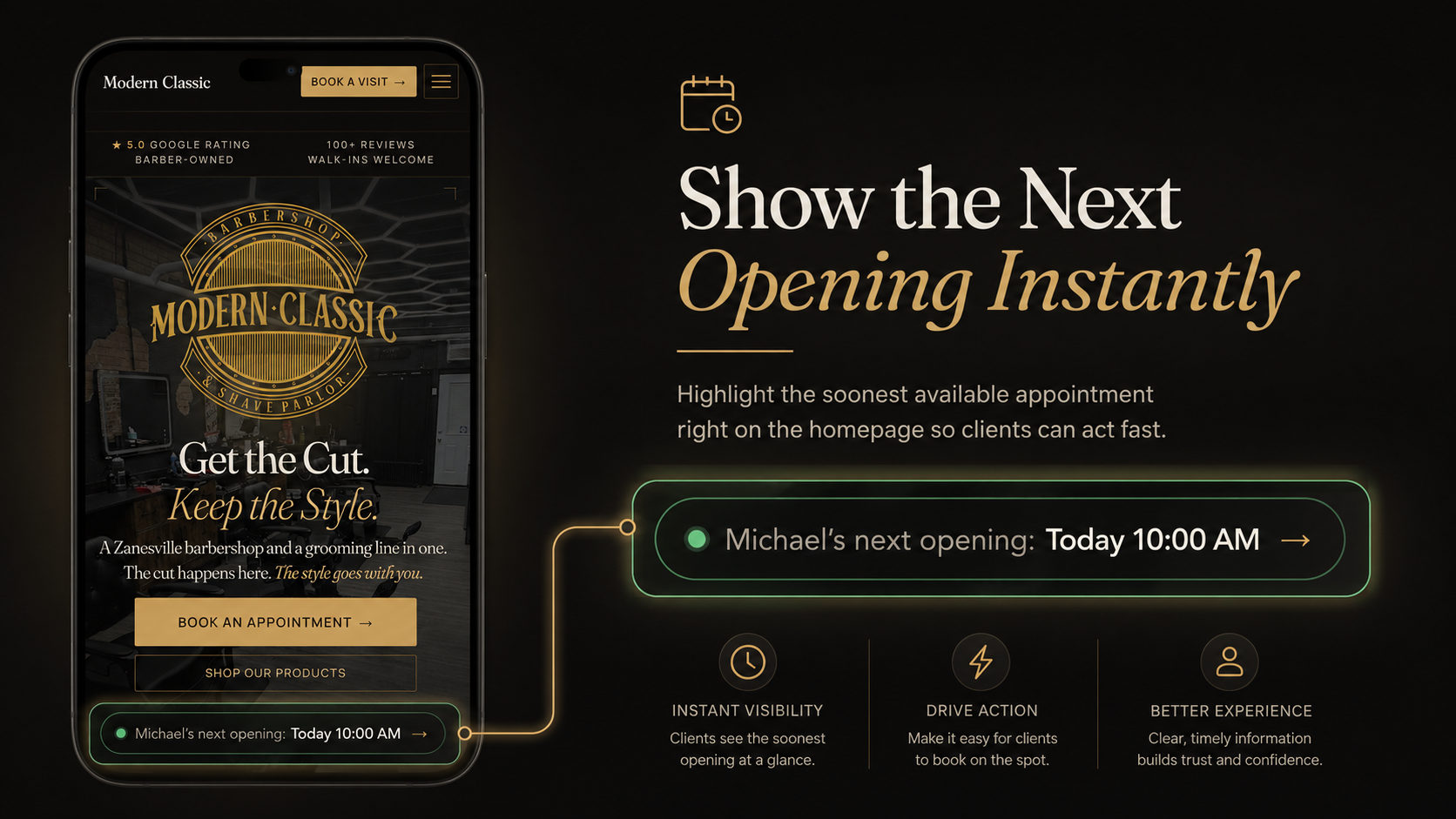 Modern Classic Barbershop homepage mockup showing the next available appointment widget