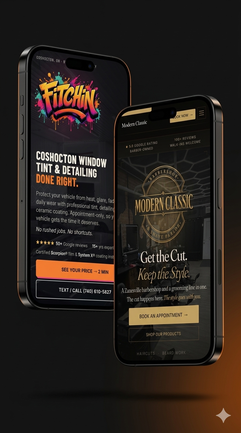Two phones side by side displaying the live Fitchin and Modern Classic websites