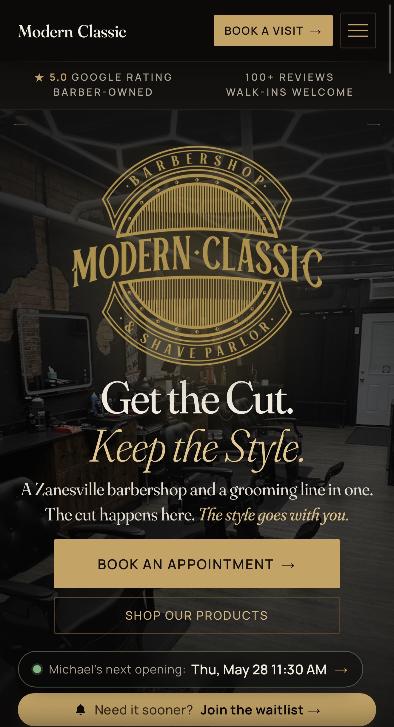 Modern Classic Barbershop mobile homepage